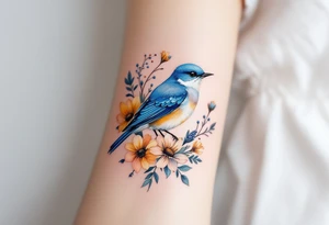 Puffy bluebird surrounded by wild flowers tattoo idea