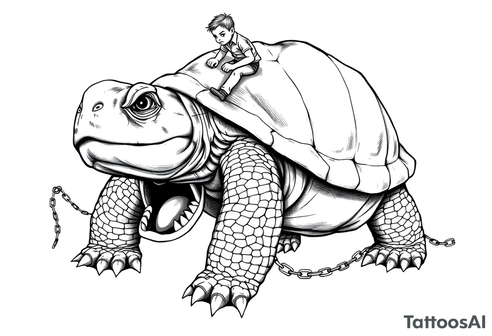 Small angry men walking slaves on a chain leash and chains on the back legs of an angry turtle with huge teeth with a little man riding on his back tattoo idea