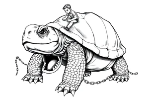 Small angry men walking slaves on a chain leash and chains on the back legs of an angry turtle with huge teeth with a little man riding on his back tattoo idea