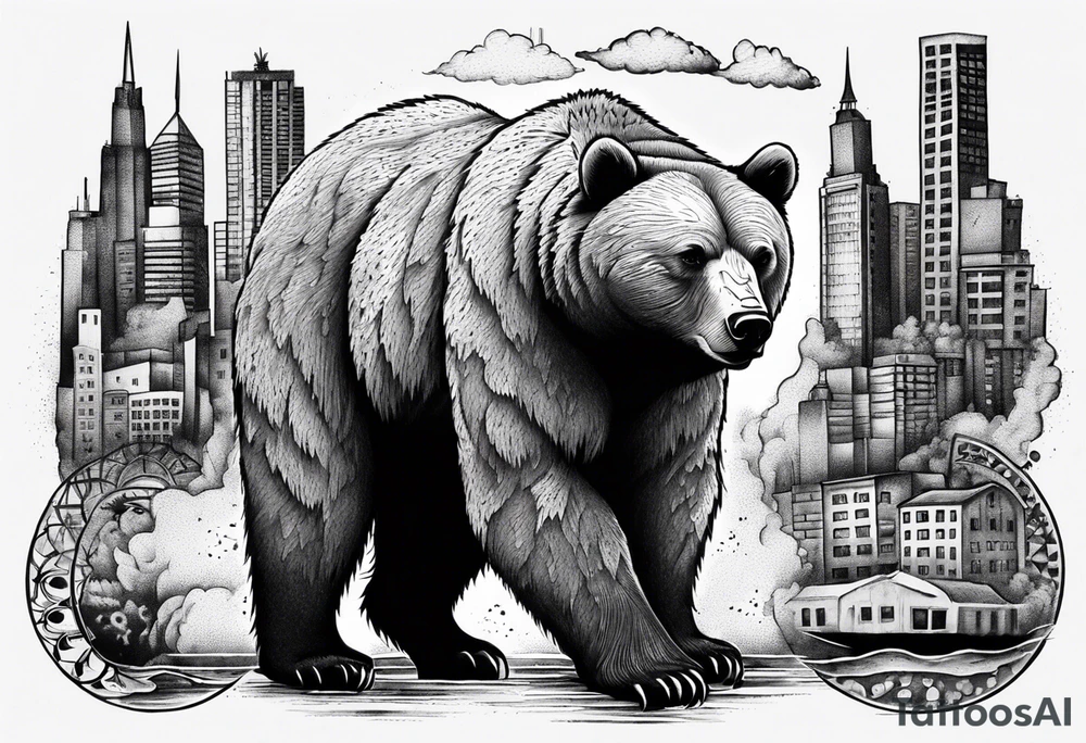 Serious bear coming up behind a city tattoo idea