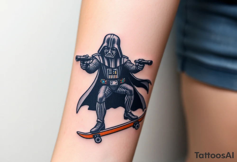 Darth Vader skateboarding with gun> bullets > memorial > god > colors > futuristic/space/star wars
add name "Darth Carter" on skateboard
add date 12/29/88-01/06/24 tattoo idea