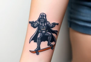 Darth Vader skateboarding with gun> bullets > memorial > god > colors > futuristic/space/star wars
add name "Darth Carter" on skateboard
add date 12/29/88-01/06/24 tattoo idea