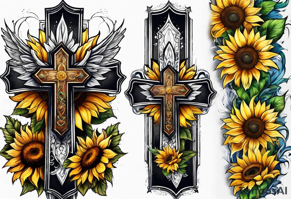 Winged cross with sunflower arm sleeve tattoo idea