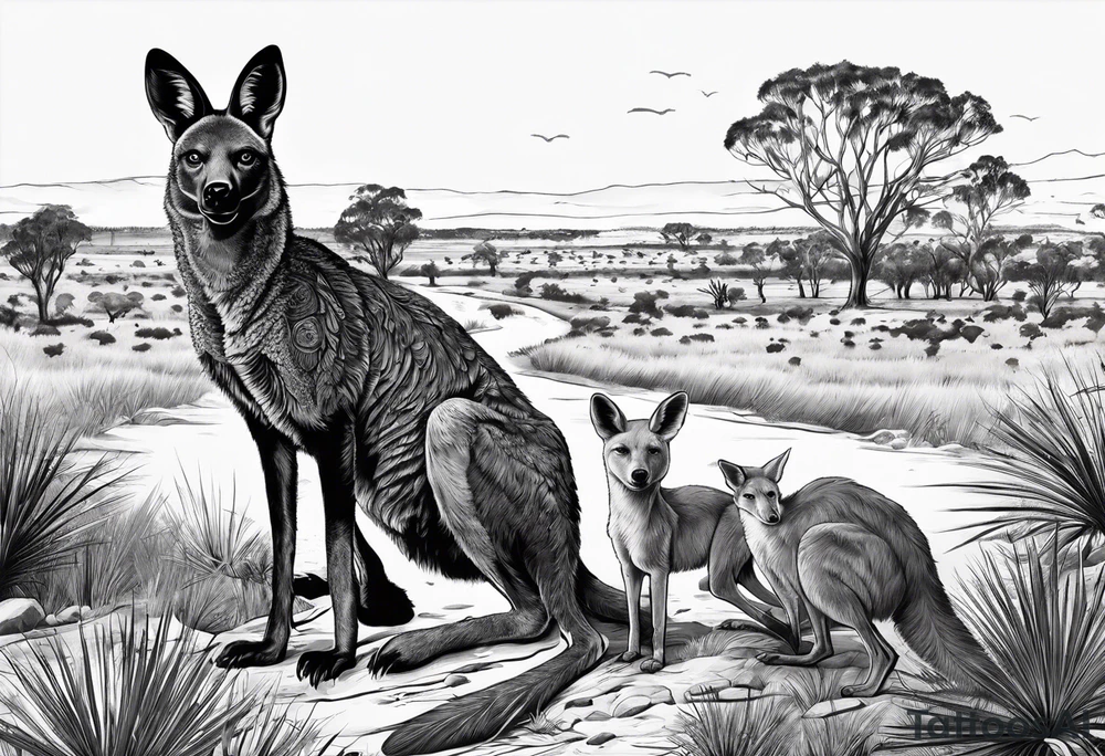 Outback with Uluṟu, a kangaroo, a dingo and an emu. tattoo idea
