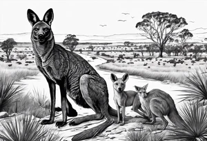 Outback with Uluṟu, a kangaroo, a dingo and an emu. tattoo idea
