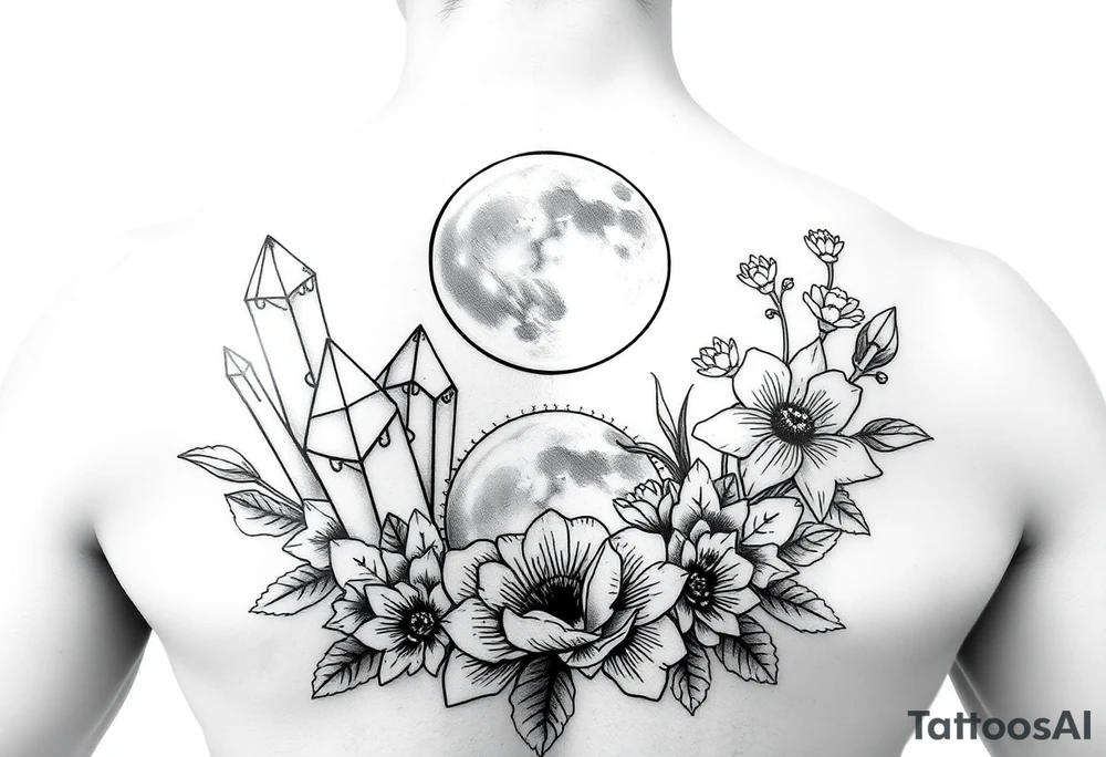 crystals and the moon and flowers tattoo idea