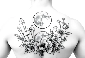 crystals and the moon and flowers tattoo idea