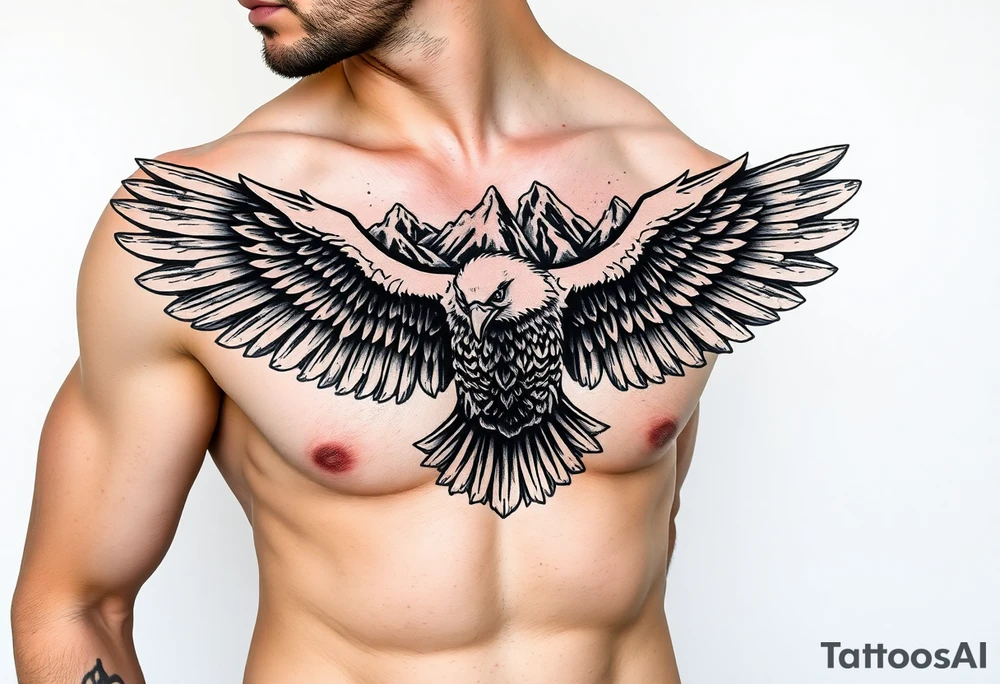 majestic eagle spreading wings against mountain peaks tattoo idea