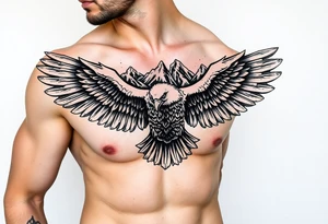 majestic eagle spreading wings against mountain peaks tattoo idea