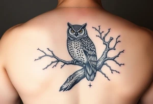 wise owl perched on ancient oak branch under starlit sky tattoo idea