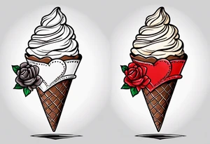 chocolate chip ice cream cone with the name Ava on the cone and one red heart tattoo idea