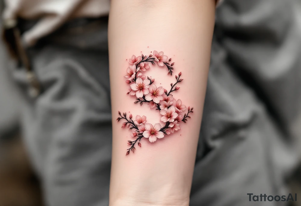 A cherry blossom-covered "S" with pale pink flowers and brown branches. tattoo idea