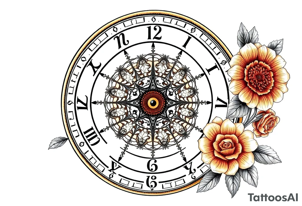 zodiac symbols and Norse runes within ornate clockwork mechanism with roses lilly sunflowers tattoo idea