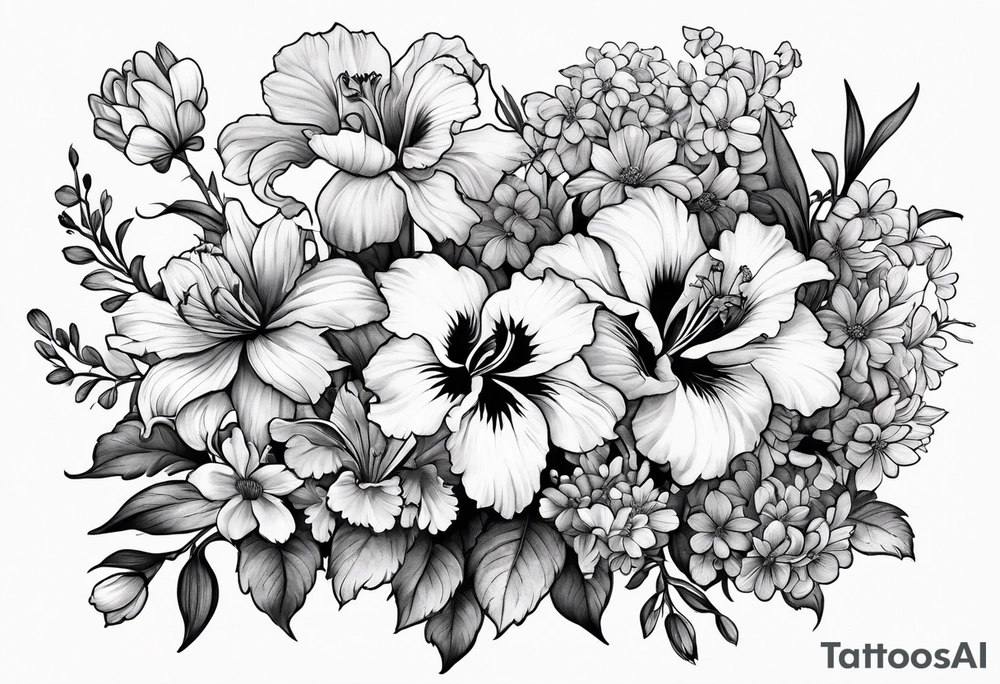 Flower bouquet filled with violets, irises and chrysanthemums tattoo idea