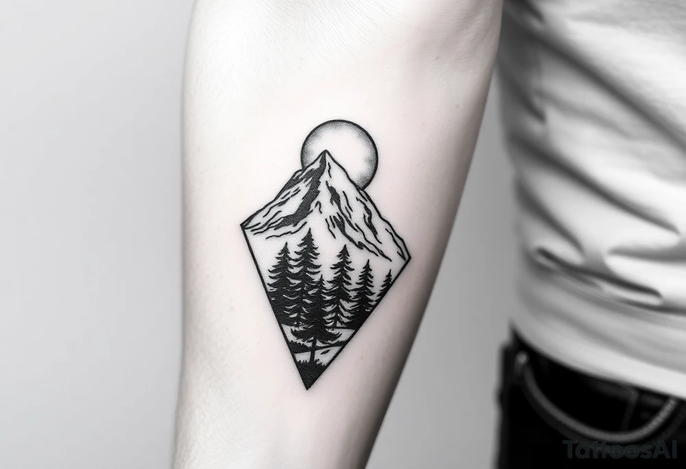 Pikes peak with trees and moon in an arrowhead tattoo idea