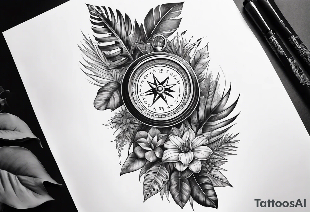 sleeve tattoo with jungle plants, compass, all-seeing eye tattoo idea
