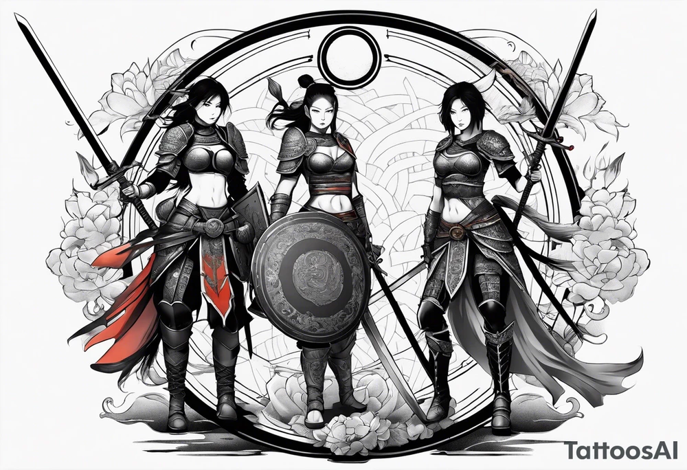 3 female warriors in full body armor wielding dual swords ready for battle, back facing, in front of an enso circle tattoo idea