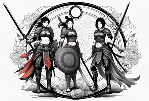 3 female warriors in full body armor wielding dual swords ready for battle, back facing, in front of an enso circle tattoo idea