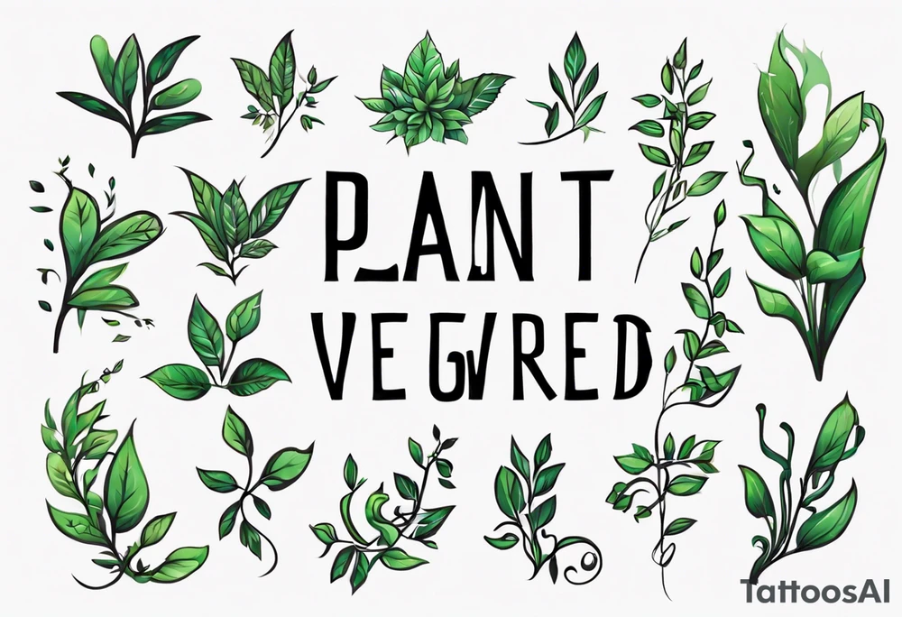 Words “Plant Powered” spelled out with plants and vines through out the words tattoo idea