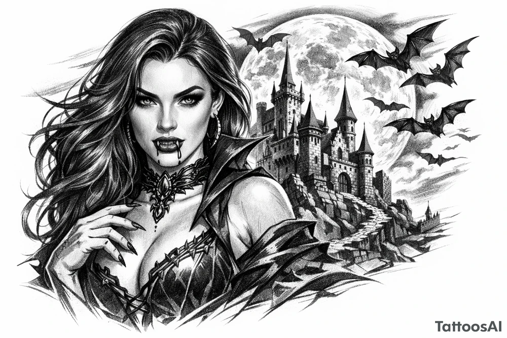female vampire,bats,full moon,a castle. tattoo idea