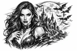 female vampire,bats,full moon,a castle. tattoo idea