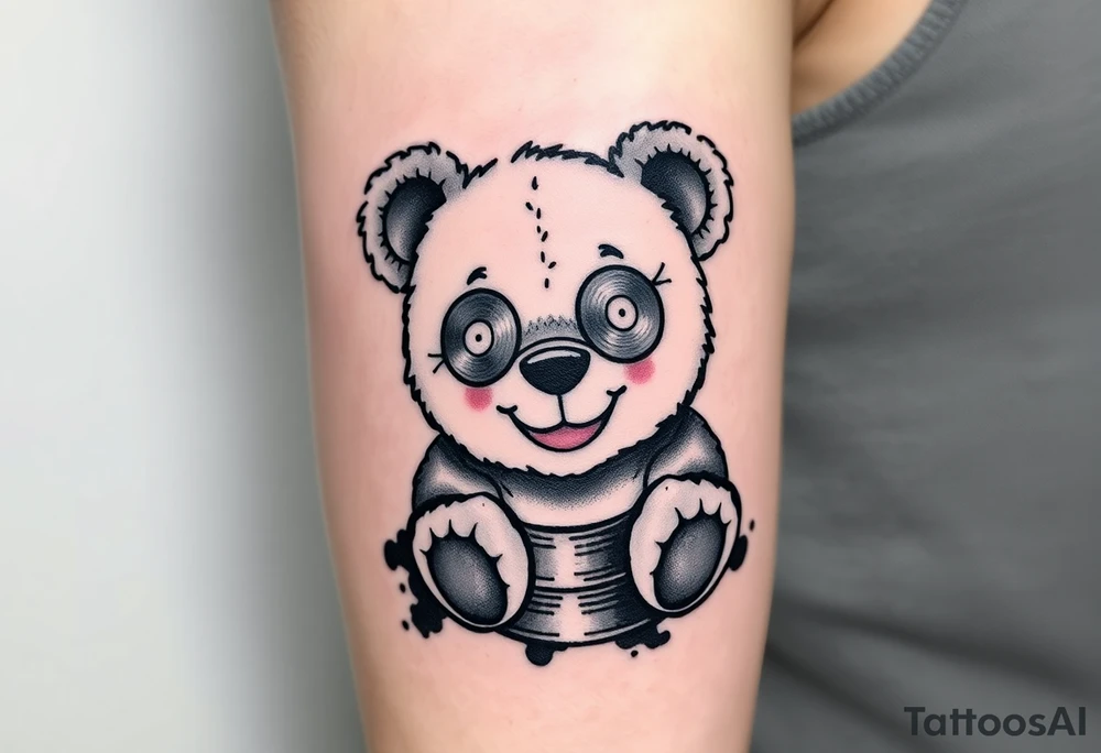 minimalist teddy bear with vinyl records as eyes smiling and sitting on a record tattoo idea