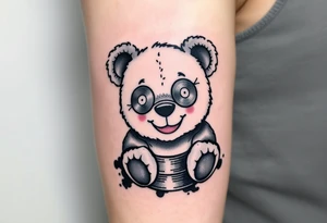 minimalist teddy bear with vinyl records as eyes smiling and sitting on a record tattoo idea