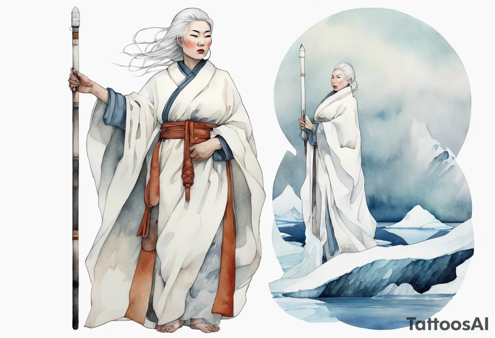a 40 year old Inuit woman with white hair and a white robe holding a plain white staff, standing on an iceberg tattoo idea