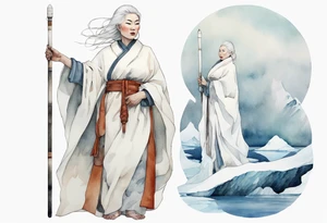 a 40 year old Inuit woman with white hair and a white robe holding a plain white staff, standing on an iceberg tattoo idea