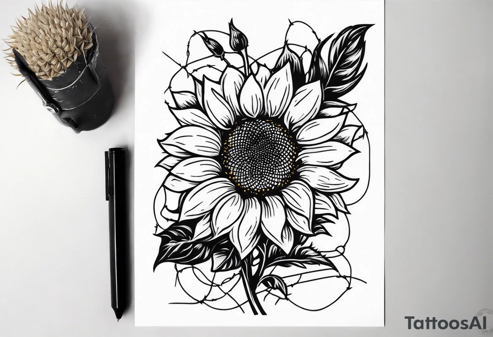 Sunflower, wheat, and barbed wire half sleeve tattoo idea