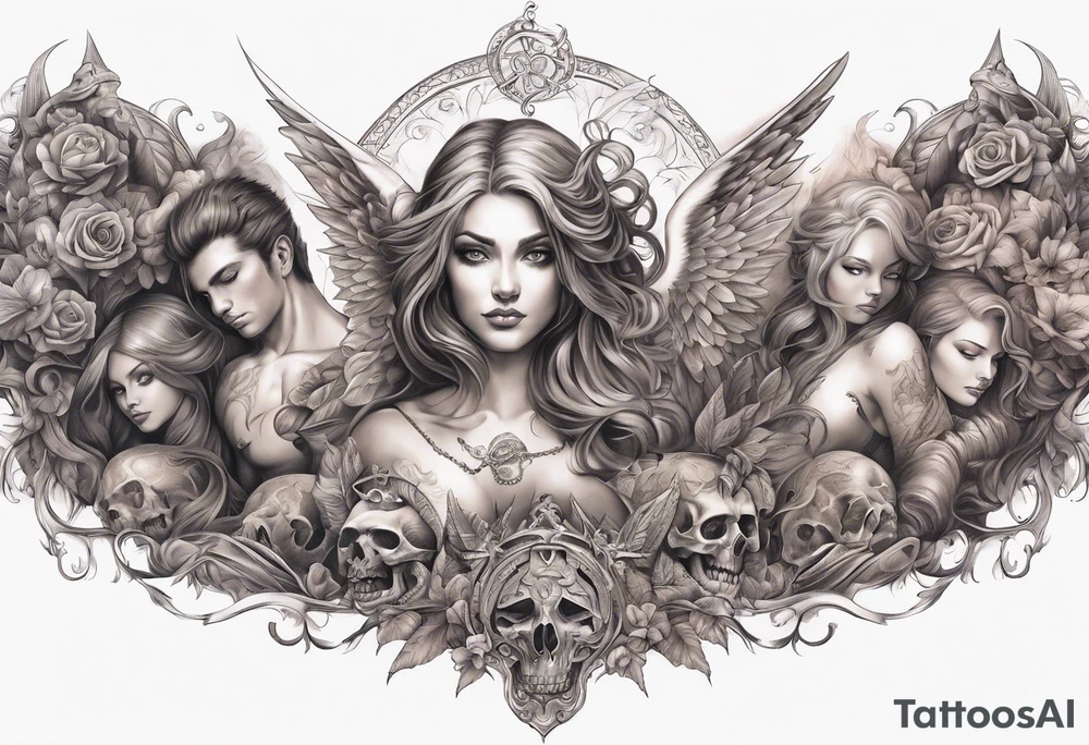 heaven with angels, hell with demons, full arm sleeve tattoo idea