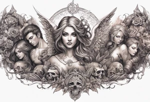 heaven with angels, hell with demons, full arm sleeve tattoo idea