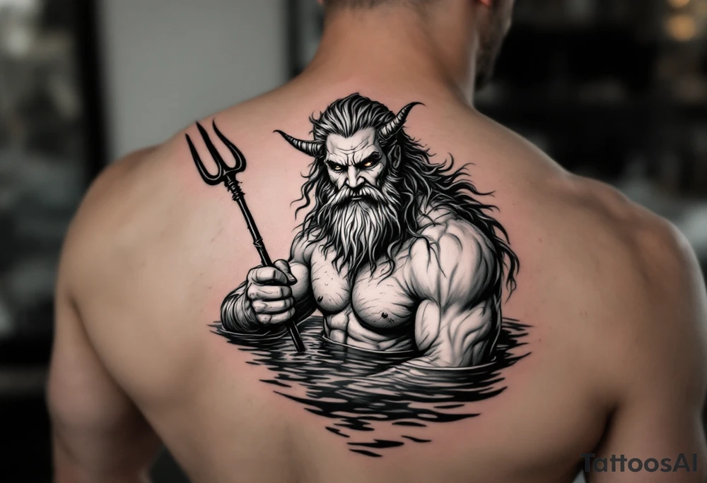 poseidon, with a trident, in calm water, holding a beer tattoo idea