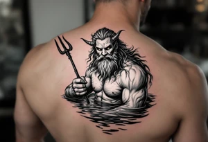 poseidon, with a trident, in calm water, holding a beer tattoo idea