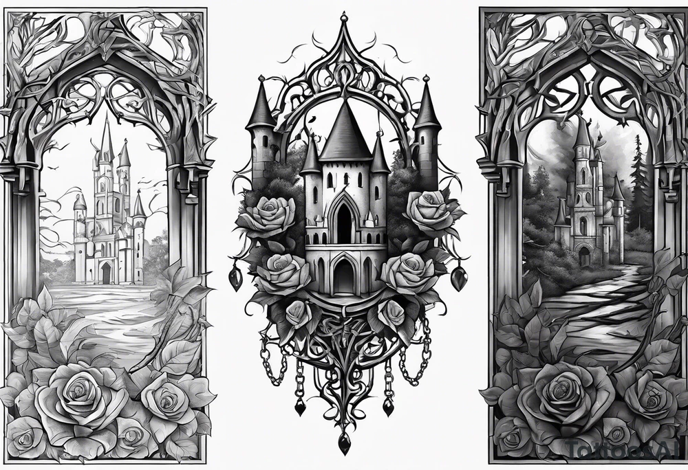 tattoo fool sleeve, old broken gothic castle, broken sword, tree roots break out of the chains, roses tattoo idea