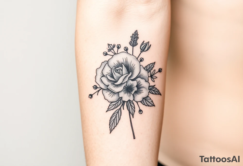 vintage bouquet of wild roses and meadow flowers with morning dew tattoo idea