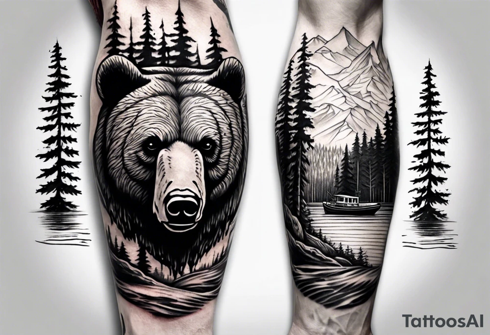 bear head right above the forest line with a lake below with a small fishermans boat floating on it, full arm sleeve tattoo tattoo idea