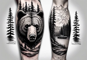 bear head right above the forest line with a lake below with a small fishermans boat floating on it, full arm sleeve tattoo tattoo idea