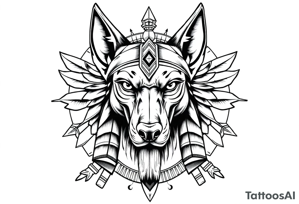 Egyptian Anubis god face muscle in Egypt style  with mantle on head with empty eyes 

dog face surrounded Egyptian symbols based on elements tattoo idea