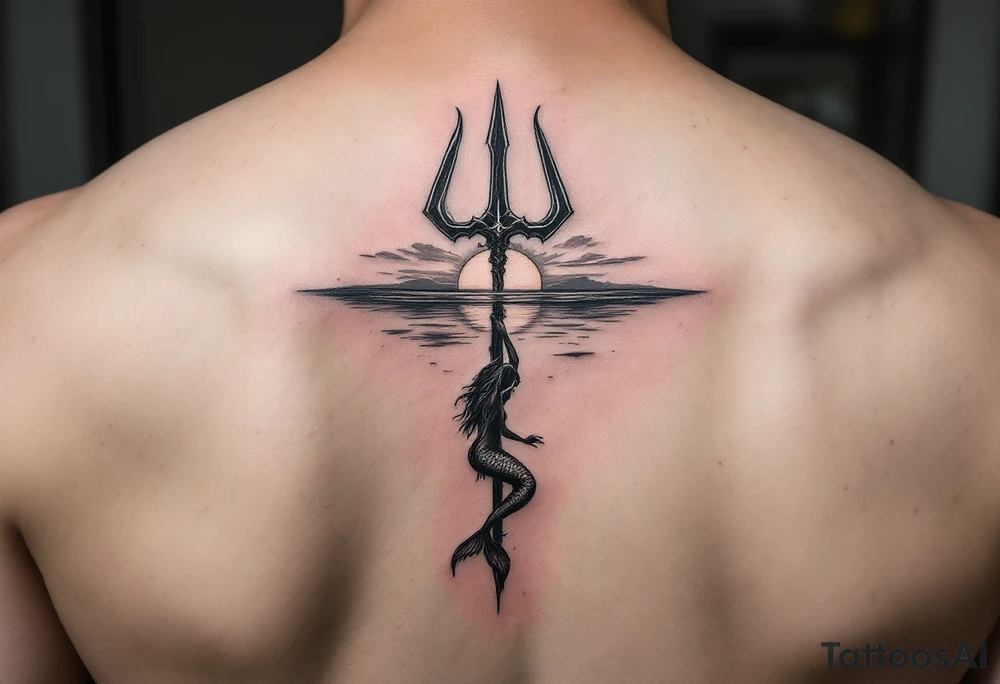trident half way under calm water with sunset and mermaid tattoo idea