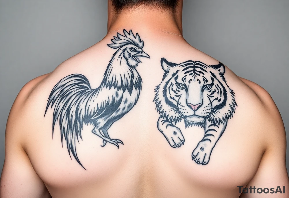 Rooster dog and tiger together tattoo idea