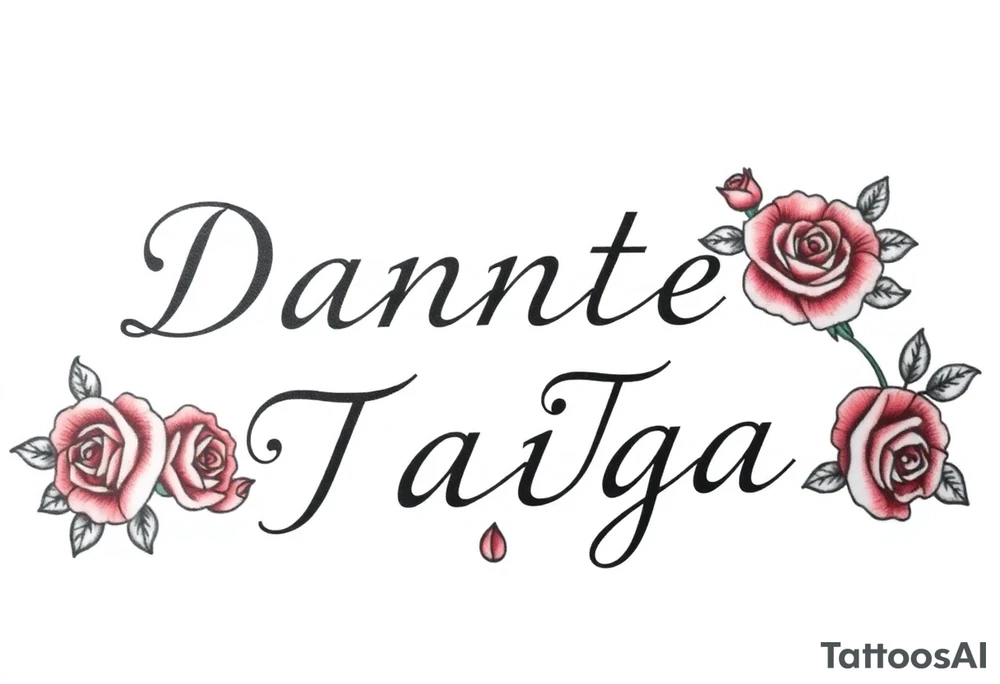 The names "Dante" and "Taiga" surrounded by roses tattoo idea