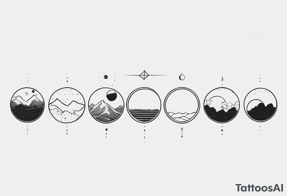 Strip of Moon phases in horizontal line, crystal, floral tattoo idea