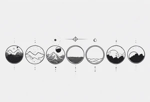 Strip of Moon phases in horizontal line, crystal, floral tattoo idea