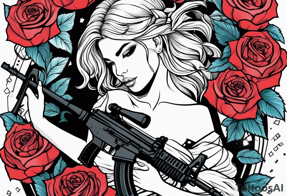 Beautiful angle with tattoos surrounded by roses holding a ak 47 tattoo idea