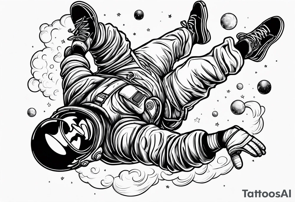 An astronaut floating upside down with 1990's air jordan shoes on his feet tattoo idea