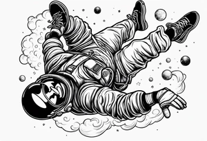 An astronaut floating upside down with 1990's air jordan shoes on his feet tattoo idea
