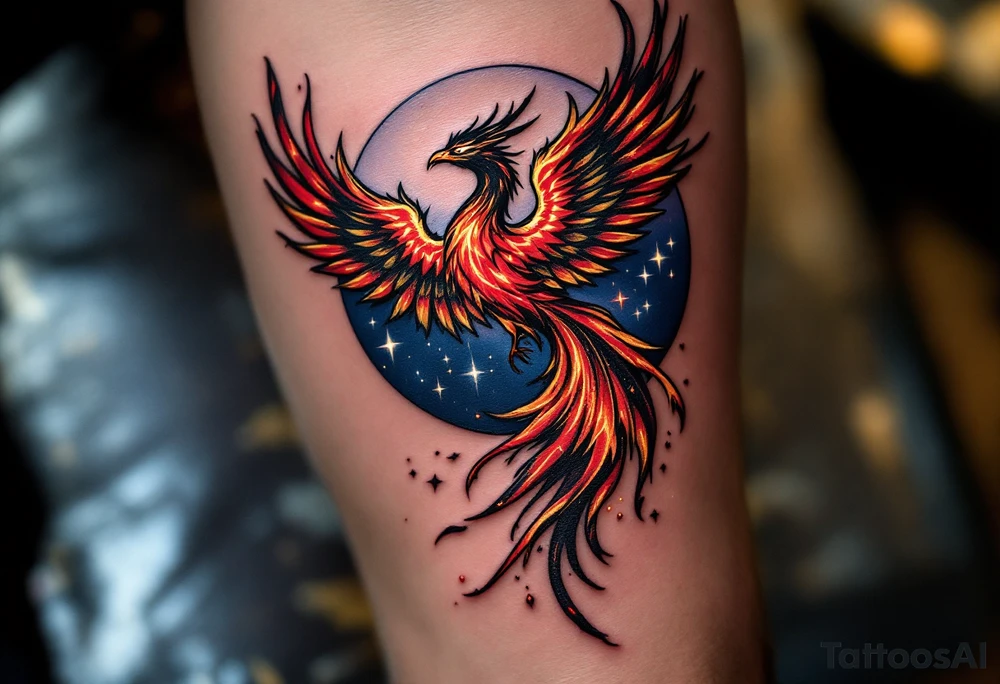Firebird (Zhar-Ptitsa) – A mythical bird with glowing red, orange, and gold plumage, trailing embers and flying across a midnight blue sky. tattoo idea