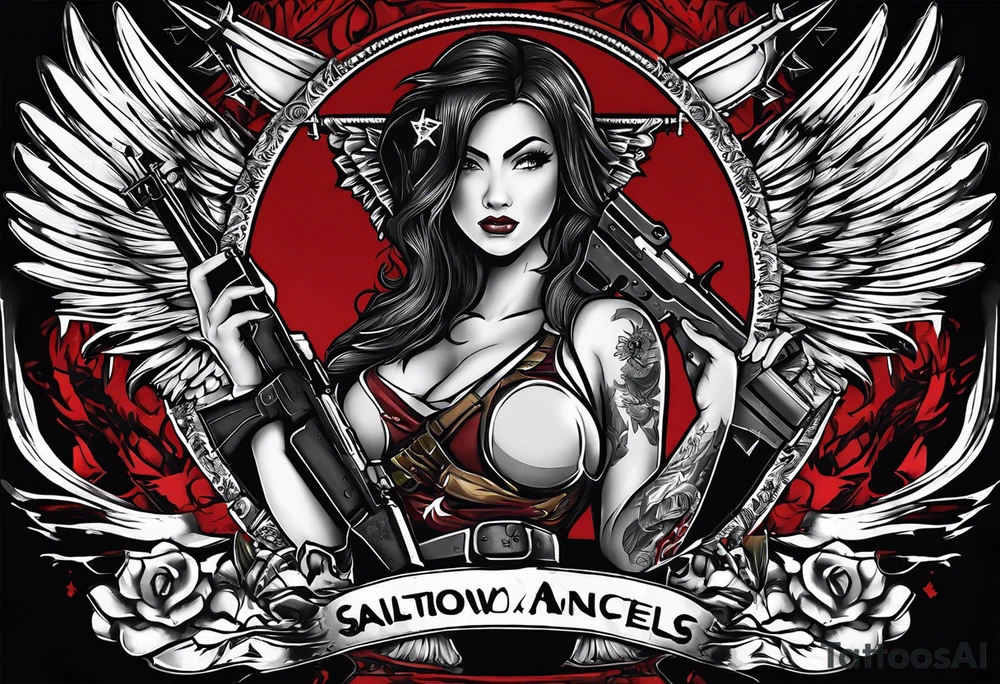 My tattoo idea is a female well endowed angle holding two items in her hand which is a glock in the right an a joint she smoking in the left behind her is gremlins with blades an sickles surrounding her an under all of that the word salvation is earned with blooding dripping from the words tattoo idea