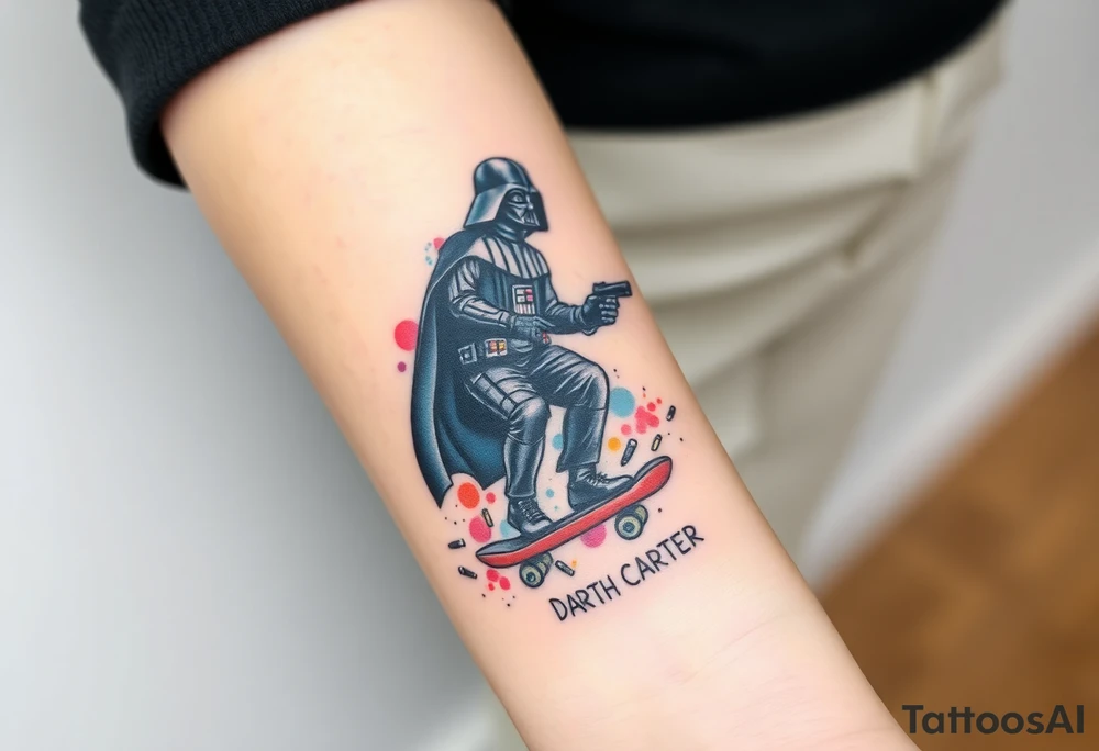 Darth Vader skateboarding with gun> bullets > memorial > god > colors > futuristic/space/star wars
add name "Darth Carter" on skateboard
add date 12/29/88-01/06/24 tattoo idea